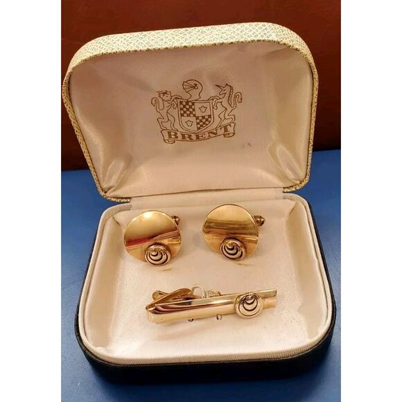 HTF Vtg Brent Gold Tone Cuff Links Lapel Tie Clip Snail Orb Details With Case - Picture 2 of 15